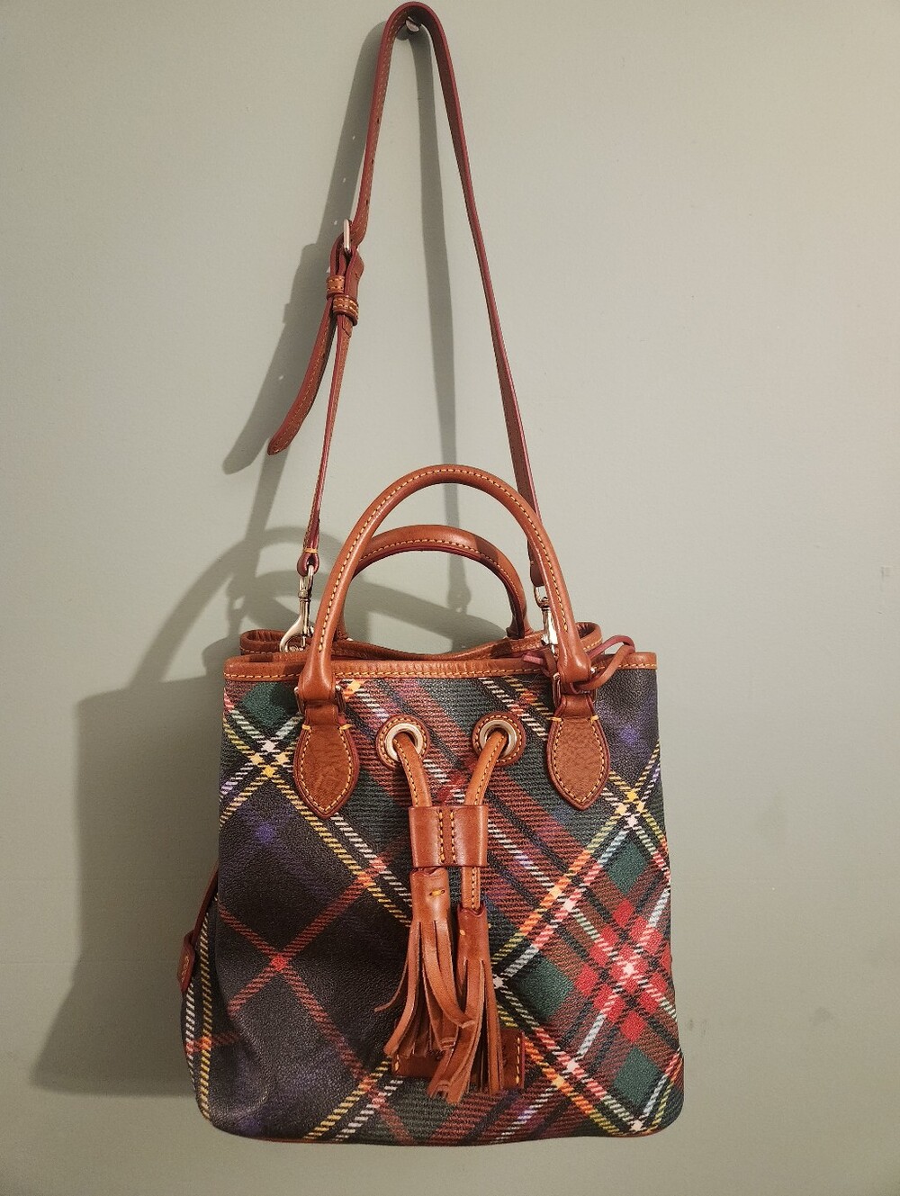Dooney & Bourke Plaid Tartan Drawstring Bucket Bag